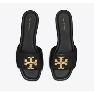 TORY BURCH Womens Eleanor Slide Sandals Size 10 Black Leather Gold Medallion